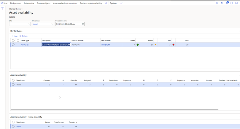 Asset availability form in DynaRent for Dynamics 365 F&O