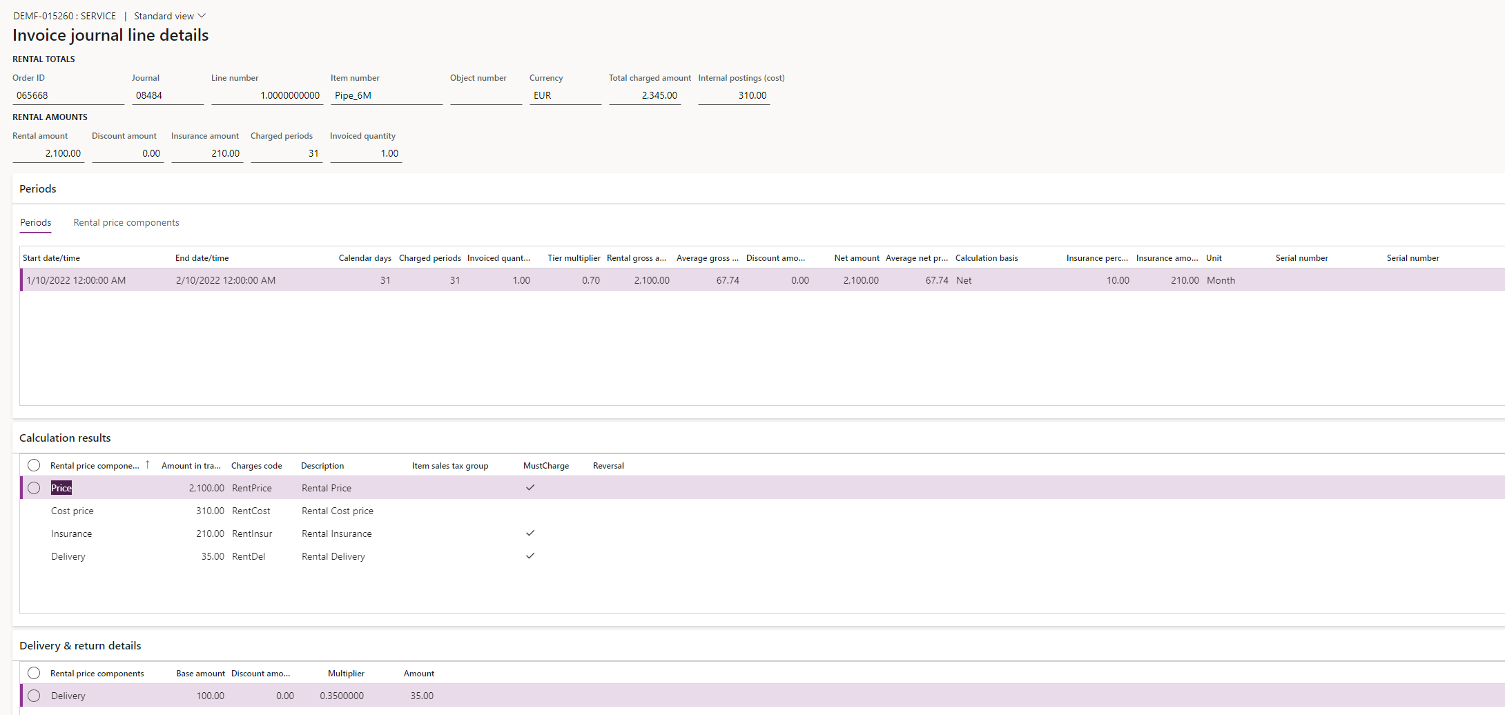Screenshot of DynaRent solution showing the invoice journal lines for a rental order.