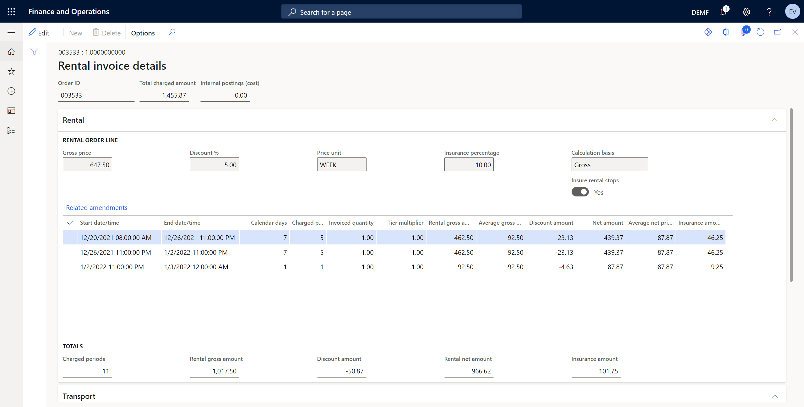 DynaRent solution screenshot displaying the rental invoice details in F&SCM environment.