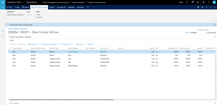 rental project management features in Dynamics 365 for Finance and Operations