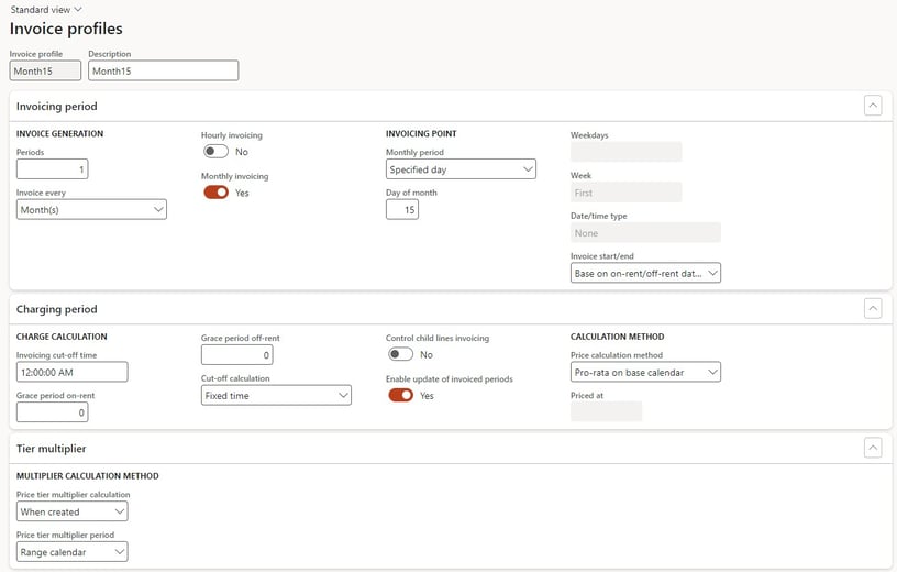 Monthly invoicing profile in DynaRent for D365 FO