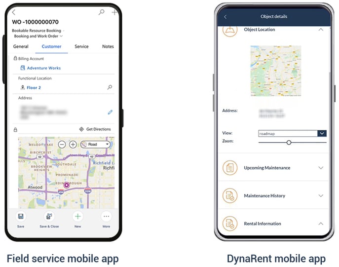 Screen shots of how navigation appears in the Field Service app versus the DynaRent mobile app.