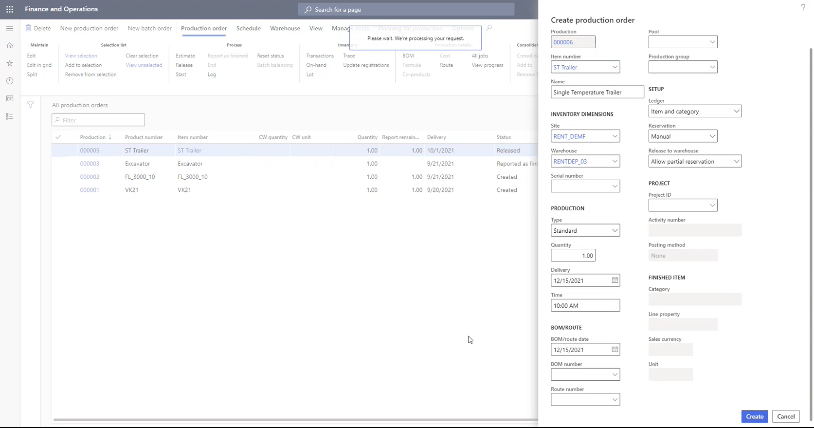 Screenshot of DynaRent's To-increase solution shows production order.