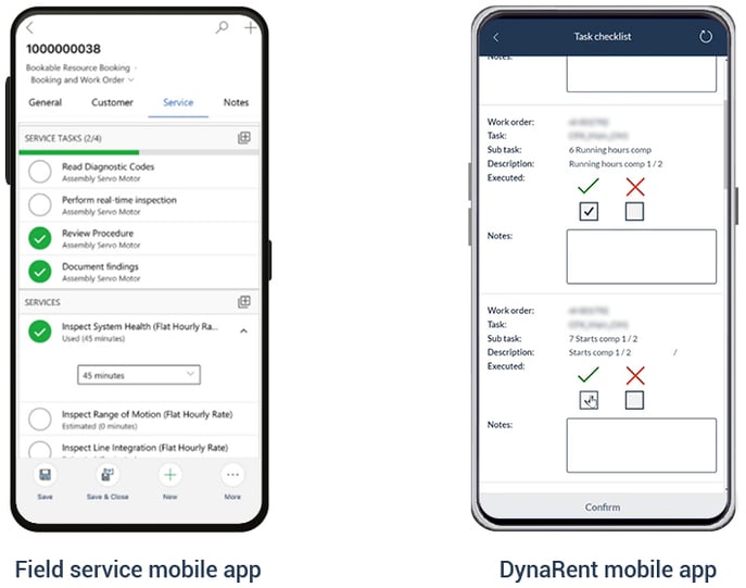 User experience in the Field Service app is more comprehensive than the DynaRent mobile app, which is easy to use.
