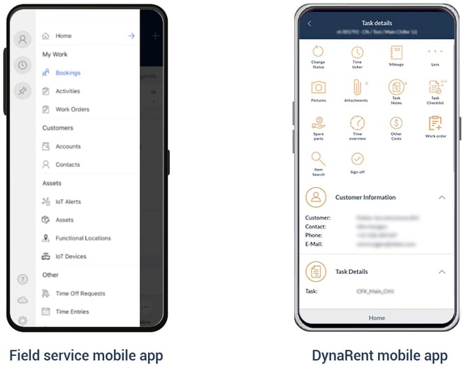 Screenshots of how work orders appear in the Field Service app versus the DynaRent mobile app.